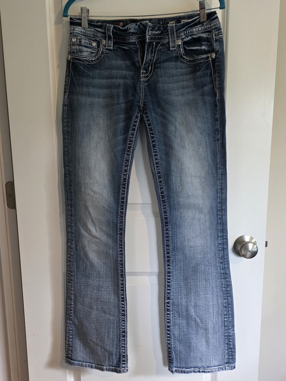Vintage Miss Me Bedazzled Jewel Pocket Bootcut Flare Jeans Missing Button